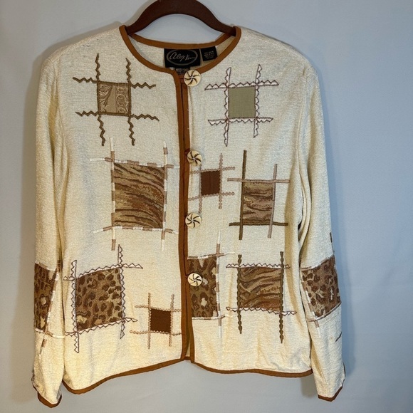 Alex Kim Cream Brown Animal Print PatchWork Front Button Oversized Jacket Size S - Picture 8 of 9